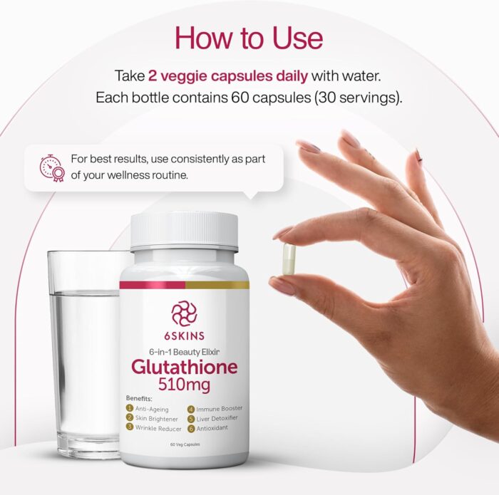 6SKINS® 6in1 Beauty Elixir with L-Glutathione 510mg, NAC 102mg & Hyaluronic Acid 150mg Glutathione Supplement with 4x Absorption - Immune & Liver Support, Powerful Antioxidant for Skin - 60 Capsules - Image 6