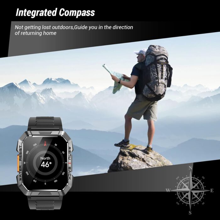 IOWODO Military Smart Watch for Men (Answer/Make Calls), 2.01'' Smart Watch for Android and iPhone, Fitness Tracker with Flashlight/Compass/100 Days Battery/Heart Rate/Sleep/100+ Sport Modes(2 Straps) - Image 4