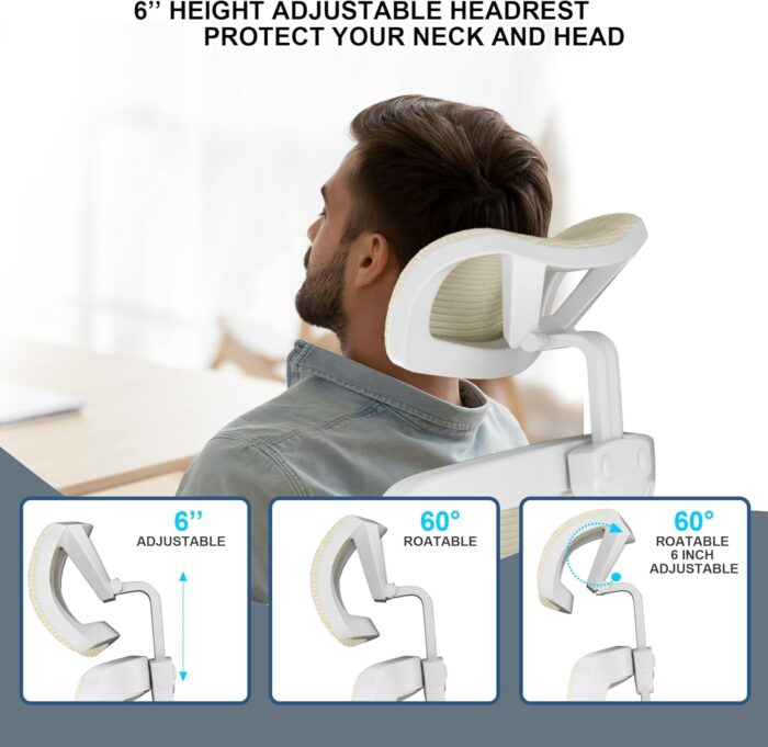 CYKOV 𝑯𝑶𝑴𝑬 𝑶𝑭𝑭𝑰𝑪𝑬 𝑪𝑯𝑨𝑰𝑹, Ergonomic Mesh Desk Chair, High Back Computer Chair- Adjustable Headrest with Flip-Up Arms, Lumbar Support, Swivel Executive Task Chair (Modern, Beige) - Image 6