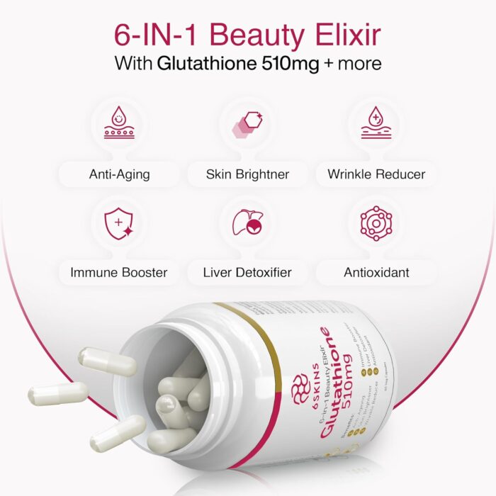 6SKINS® 6in1 Beauty Elixir with L-Glutathione 510mg, NAC 102mg & Hyaluronic Acid 150mg Glutathione Supplement with 4x Absorption - Immune & Liver Support, Powerful Antioxidant for Skin - 60 Capsules - Image 2