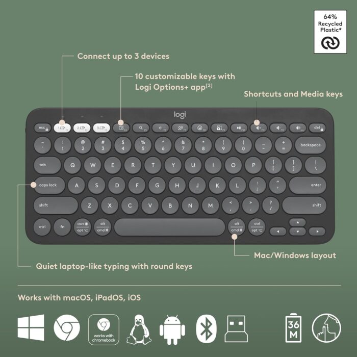 Logitech Pebble 2 Combo, Wireless Keyboard and Mouse, Quiet and Portable, Customisable, Logi Bolt, Bluetooth, Easy-Switch for Windows, macOS, iPadOS, Chrome, ARA Layout - Graphite - Image 6