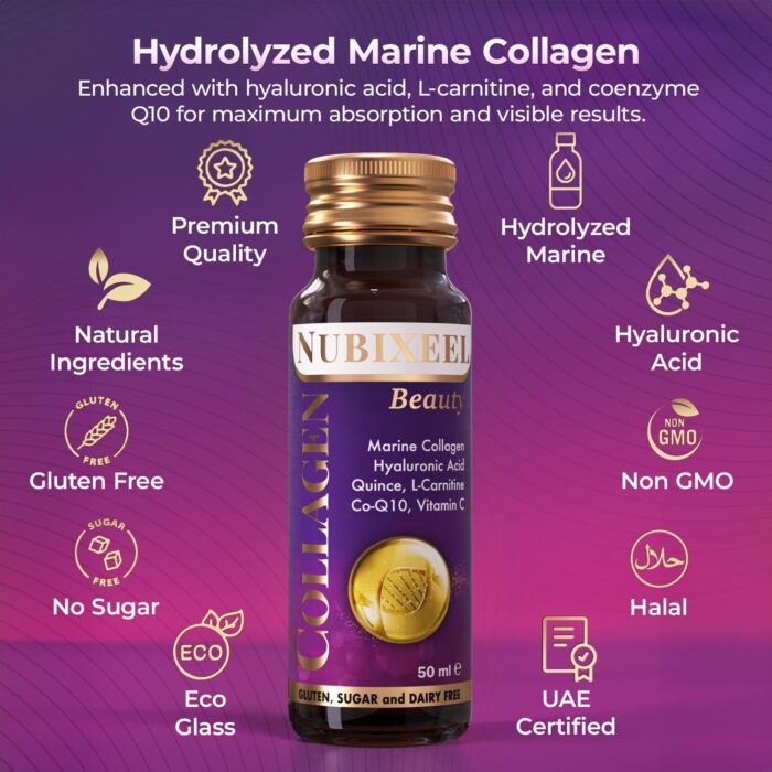 Nubixeel Premium Marine Collagen (10 Shots) – Hydrolyzed Liquid Collagen with Vitamin C + Biotin + E + B5 + B6 | Halal Drink | Hair & Skin Support | for Women & Men | Sugar-Free | Gluten-Free - Image 2