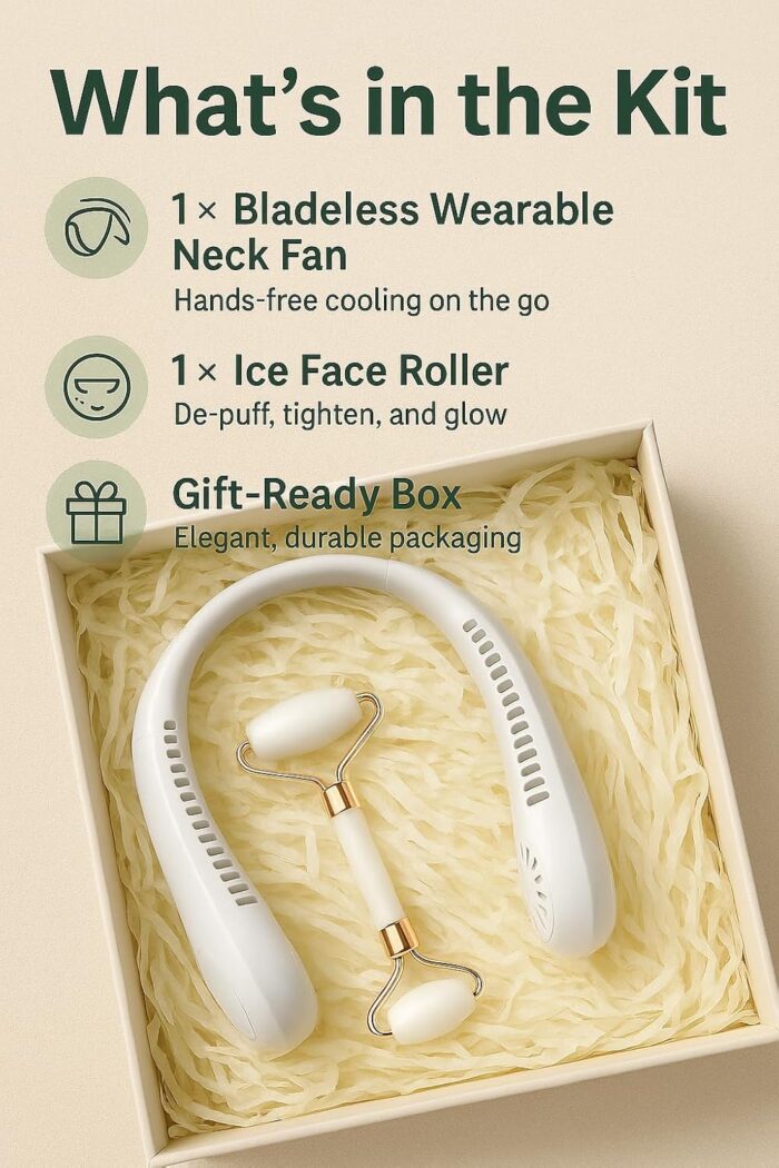 Neck Cooling Fan & Ice Face Roller | 2-in-1 Wellness & Beauty Kit for Daily Use, Travel, Sports & Skincare Refresh | Gift Set for Women, Men & Teens (Pink) - Image 2