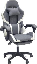 SBF Fabric Gaming Chair - Reclining High Back Office Chair - Adjustable Height, Headrest, Footrest and Lumbar Support - Swivel Video Game Chair - Ergonomic Computer Gaming Chair (Grey White)