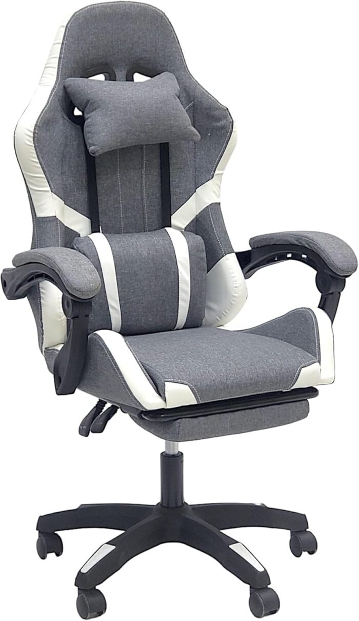 SBF Fabric Gaming Chair – Reclining High Back Office Chair – Adjustable Height, Headrest, Footrest and Lumbar Support – Swivel Video Game Chair – Ergonomic Computer Gaming Chair (Grey White)