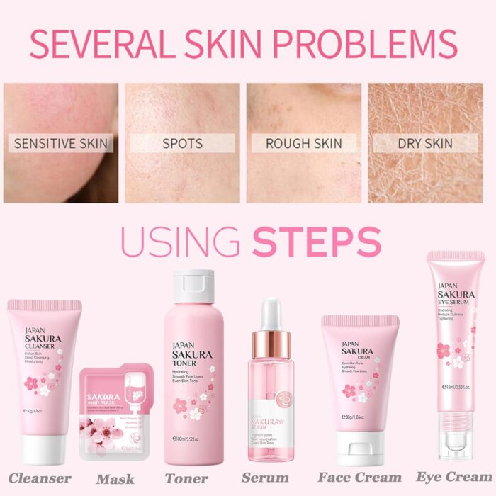 Skin Care Set Sakura Women Beauty Gift Sets Korean Skin Care Kit- Cleanser,Serum,Face Cream,Toner,Eye Cream,Mud Mask-Skin Care Routine Kit (One Size, Cherry Blossom-StyleA-Bae Moisturizing) - Image 6