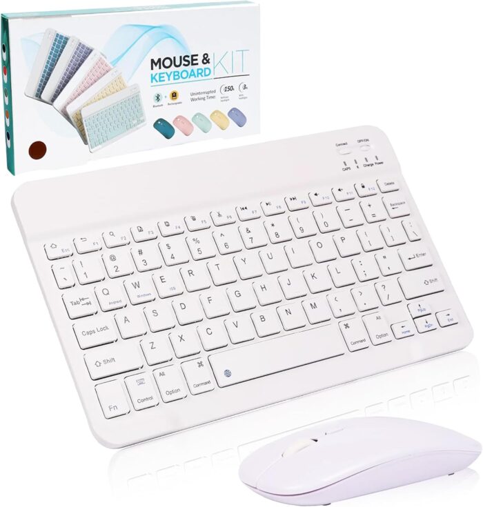 AWH Bluetooth Keyboard and Mouse Combo,Ultra Slim Rechargeable Portable Wireless Keyboard Mouse Set Compact for Android Windows Tablet Cell Phone iPhone iPad Computer Desktop PC Laptop(White)