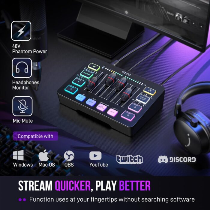 FIFINE Gaming Audio Mixer, Streaming RGB PC Mixer with XLR Microphone Interface, Individual Control, Volume Fader, Mute Button, 48V Phantom Power, for Podcast/Recording/Vocal/Game Voice-AmpliGame SC3 - Image 7