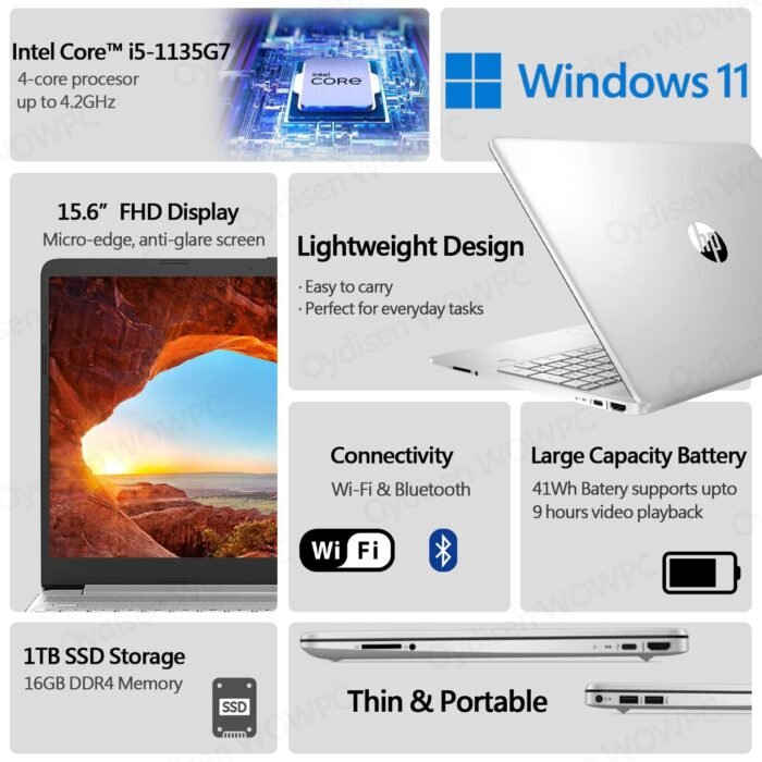 HP 15.6 inch Laptop, Intel Core i5-1135G7 Processor, 15.6" FHD Anti-Glare LED Display, HDMI, Wi-Fi and Bluetooth, Lightweight Design, Fast Charge, Windows 11 Home (16GB RAM | 1TB SSD) - Image 2