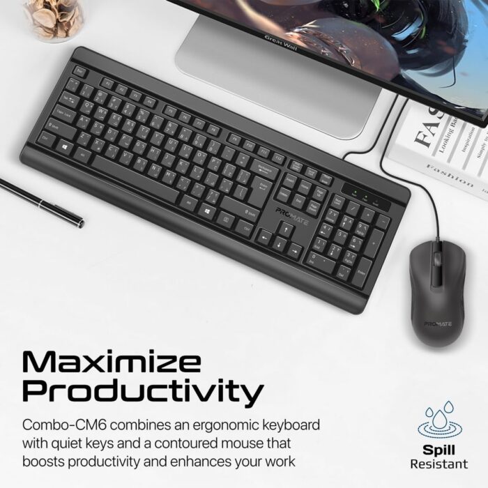 Promate Wired Keyboard and Mouse Combo, Ergonomic Slim Full-Size Quiet Keyboard, 2400 DPI Ambidextrous Mouse, Spill-Resistance, Media Keys, Plug and Play for iMac, MacBook Pro, Dell, COMBO-CM6.E/A - Image 2