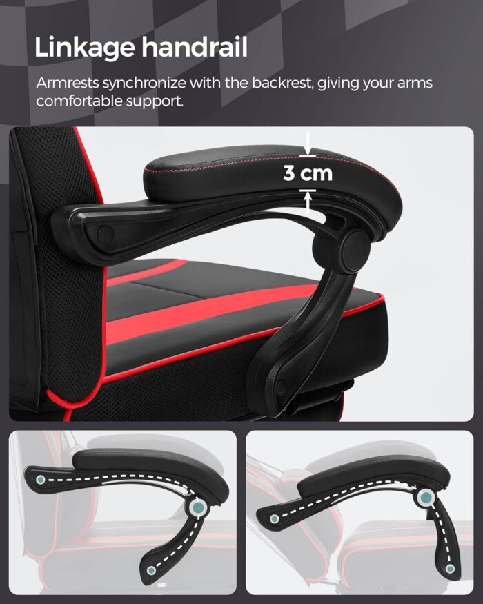 Songmics Racing Gaming Chair, Adjustable Office Chair With Footrest, Ergonomic Design, Tilt Mechanism, Headrest, Lumbar Support, 150 Kg Weight Capacity, Black And Red Obg73Brv1 - Image 7