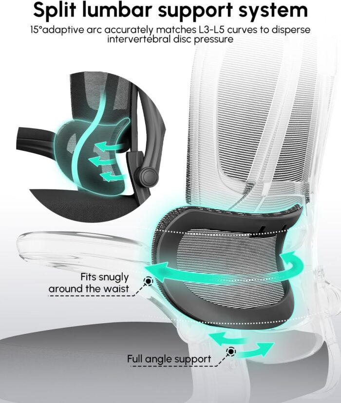 Submi Office Chair Ergonomic Office Chair with Flip-up Armrest & Headreat, Mesh Computer Chairs for Adult and Teens, Height Adjustable Home PC Work Chair with Lumbar Support, 350lbs, Black - Image 5
