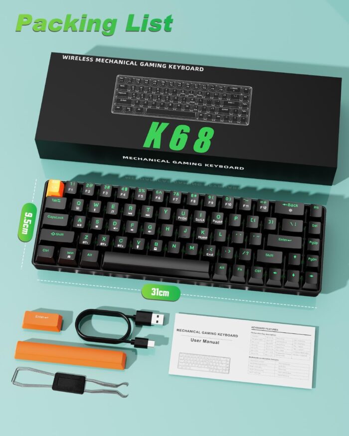 SOHOMACH Wireless Mechanical Keyboard, 60% Hot Swappable Bluetooth Keyboard with RGB Lighting, 68 Keys, 2.4GHz/USB-C/BT5.0, for PC Mac Laptop Windows Gamer, Black - Image 7