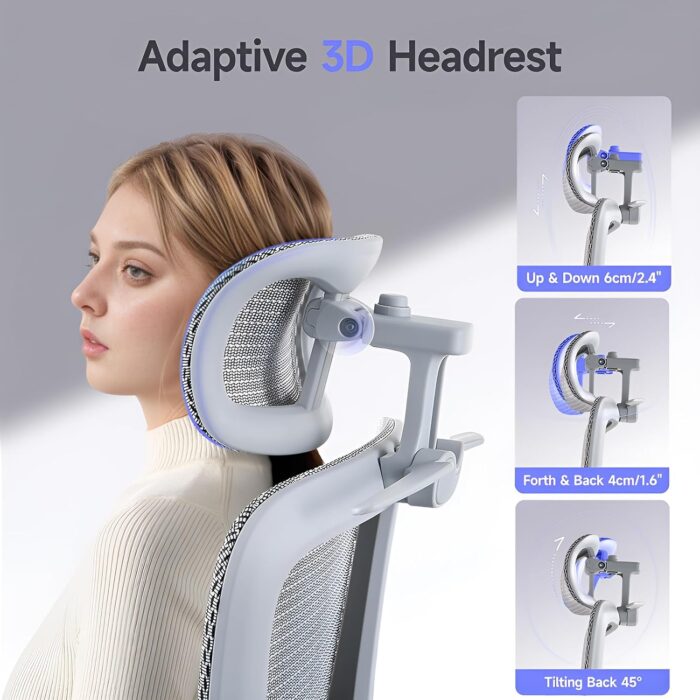 LarkLeaves Ergonomic Chair with Footrest, Office Chair with 3D Headrest, Desk Chair with Adjustable Backrest & 3D Armrest, Gaming Chair with Adaptive Lumbar Support, Mesh Backrest & Cushion, Grey - Image 5