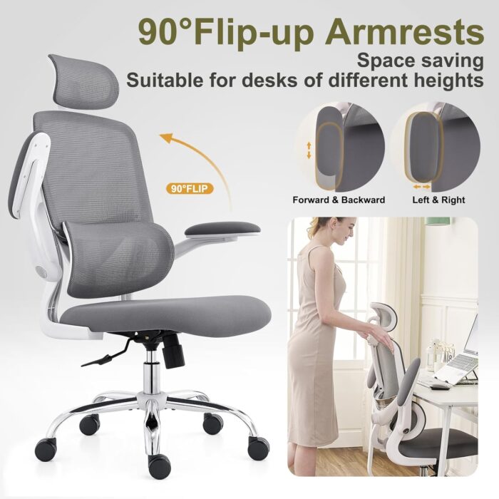 TONFARY Ergonomic Home Office Chair, High Back Mesh Desk Chair with Adjustable Lumbar Support, Flip-up Armrest, Removable Headrest, Swivel Computer Gaming Chair, Space Saving, 330LBS (White+Grey) - Image 8
