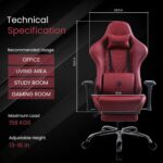 Dowinx Multi-Functional Gaming Chair, Ergonomic High Back Reclining & Height Adjustable PU Leather Computer Chairs with Massage Cushion, Neck & Lumbar Support, Armrests, Footrest (Maroon) - Image 2