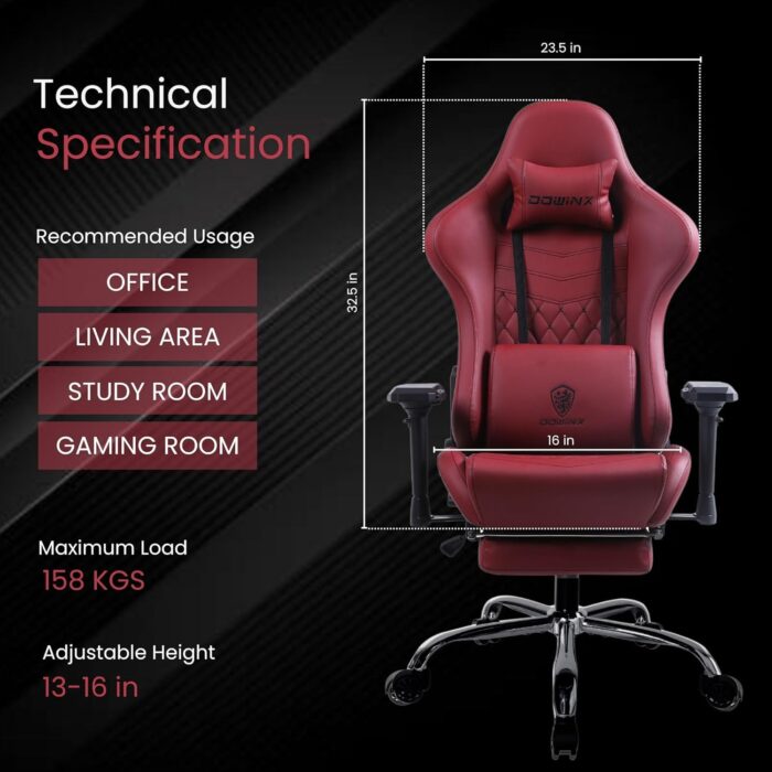 Dowinx Multi-Functional Gaming Chair, Ergonomic High Back Reclining & Height Adjustable PU Leather Computer Chairs with Massage Cushion, Neck & Lumbar Support, Armrests, Footrest (Maroon) - Image 2