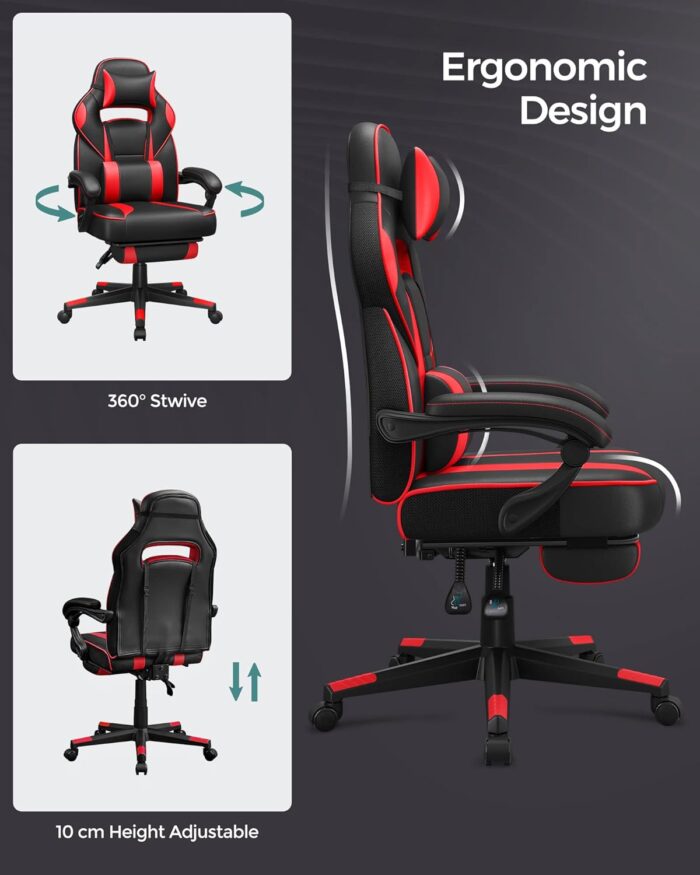 Songmics Racing Gaming Chair, Adjustable Office Chair With Footrest, Ergonomic Design, Tilt Mechanism, Headrest, Lumbar Support, 150 Kg Weight Capacity, Black And Red Obg73Brv1 - Image 6