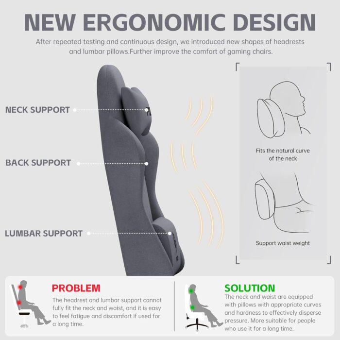 PZDO Ergonomic Gamer Chair Gaming Chair for Adults, Gaming Chair with footrest, Technical Fabric Office Chairs with Lumbar Support Height Adjustable, Teens, Gift, 150kg, Grey - Image 6