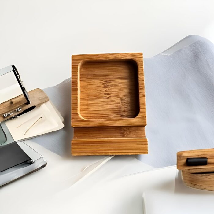 Bamboo Wooden Mobile Phone Stand with Tray | Elegant and Functional Desk Organizer | Natural Wood Smartphone Holder with Slot Tray for Keys, Coins and Accessories(Tray Stand) - Image 6