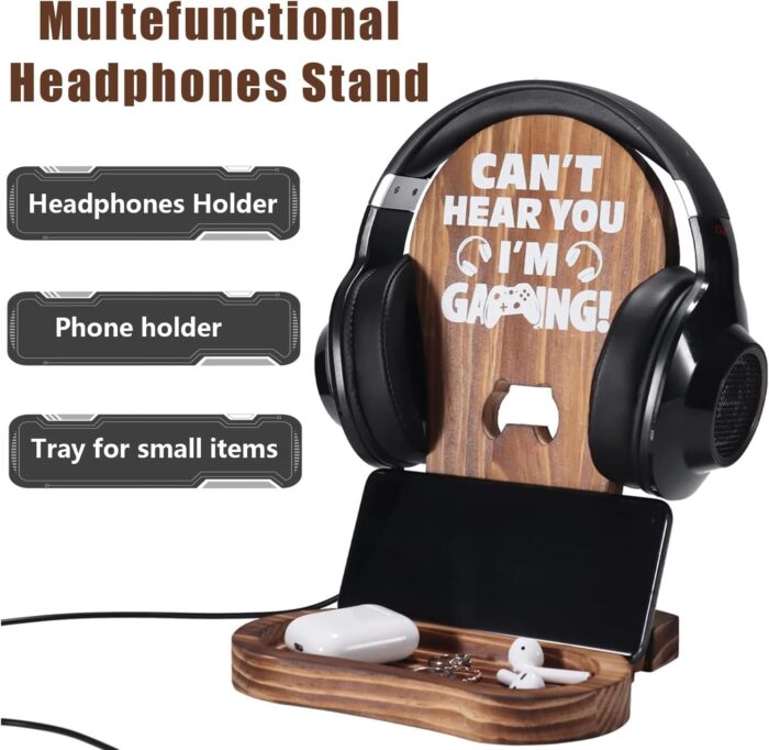Angju Headphone Stand,Wooden Gaming Headset Stand for Gaming Desktop,Gaming Accessories,Gamer Gifts for Teenage Boy, Gamer Room Decor for Man, Best Gifts for Son, Boyfriend, Husband - Image 3