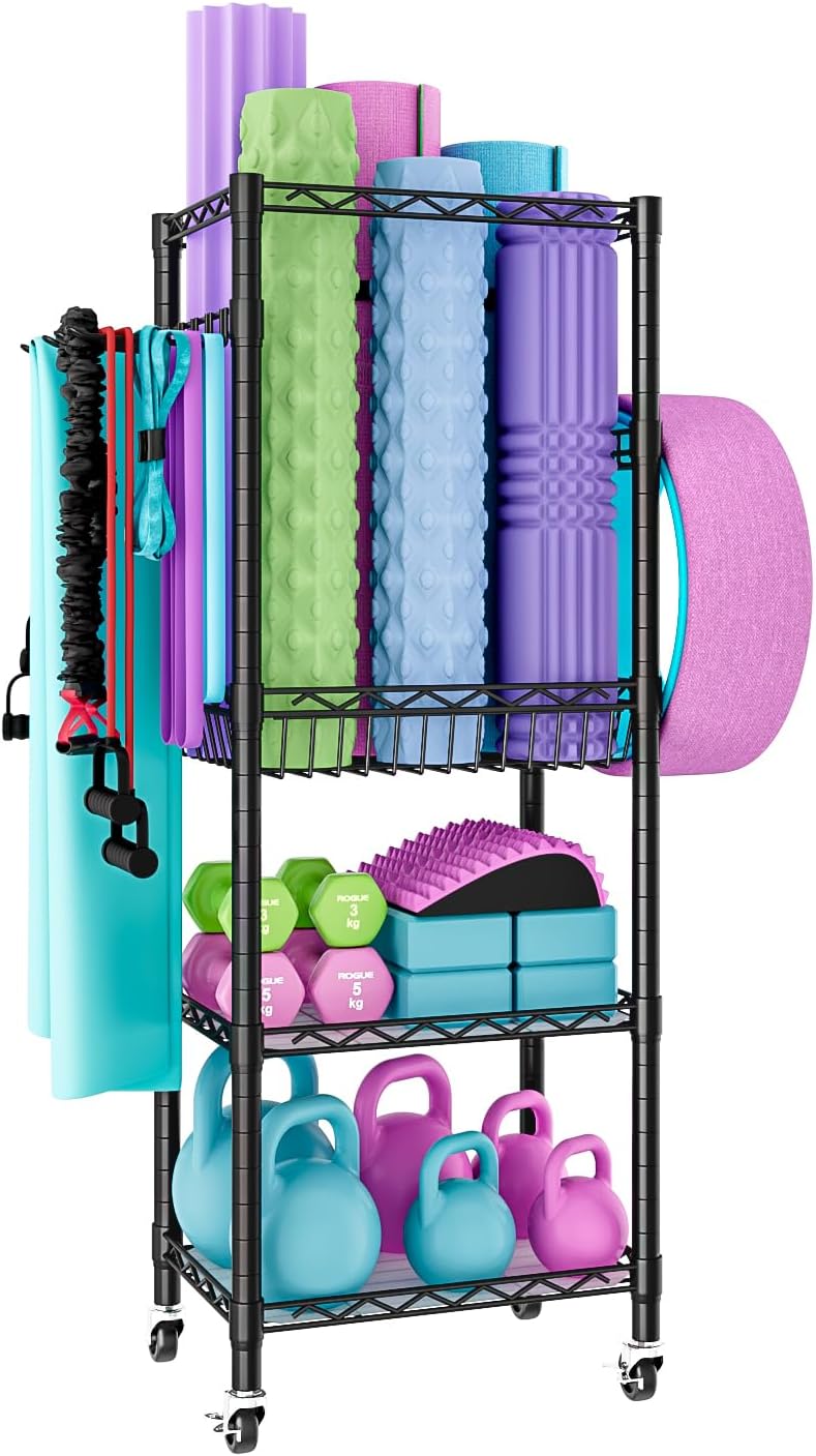 Solerconm Dumbbell Rack with 3-Tier Shelf, Yoga Mat Storage, Metal Home Gym Workout Equipment Storage Organizer with Hooks & Wheels (Black, 43 x 29 x 120 CM) Solerconm Dumbbell Rack with 3-Tier Shelf, Yoga Mat Storage, Metal Home Gym Workout Equipment Storage Organizer with Hooks & Wheels (Black, 43 x 29 x 120 CM)