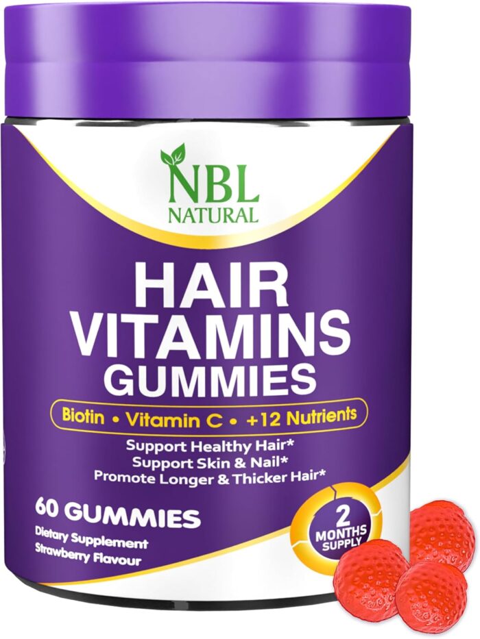 NBL Natural Hair Vitamins 60 Gummies Supplement with Vitamin C, Biotin & Folic Acid Supports Hair Growth, Hair Loss, Healthy Hair, Skin & Nails | Hair Multivitamins Supplements for Men Women’s