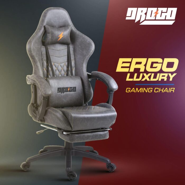 BAYBEE Drogo Multi-Purpose Ergonomic Gaming Chair with 7 Way Adjustable Seat, Head & USB Massager, PU Leather Lumbar Pillow Home & Office Chair with Full Reclining Back Footrest (Grey) - Image 9