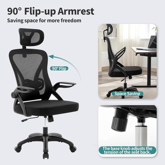 Ergonomic Office Chair, Computer Desk Chair, Mesh Rolling Work Chairs with Wheels and Adjustable Headrests, Comfortable Lumbar Support Gaming Chair, Comfy Flip-up Arms for Home,Bedroom,Study, Black - Image 5