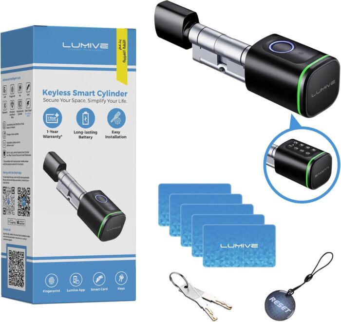Lumive Smart Door Lock I Fingerprint Door Lock I Bluetooth App Unlock I 2 Keys 5 RFID Cards I Fixed Cylinder I Black [Battery Included] (Fingerprint + Keypad, Black, adjustable 60-90mm) - Image 1