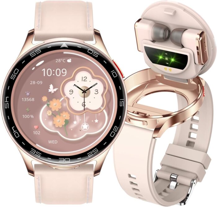 Alliget Smart Watch with Earbuds, 3 in 1 Bluetooth Smartwatch, 1.39″ HD IPS Screen Smartwatch for Men Women, Fitness Tracker Long Time Standby Men Women Sports Smart Watch (Pink)
