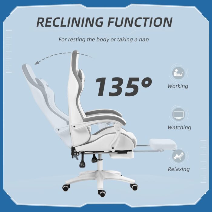 Vinsetto Racing Gaming Chair, Reclining PU Leather Computer Chair with 360 Degree Swivel Seat, Footrest, Removable Headrest and Lumber Support, White and Grey - Image 5