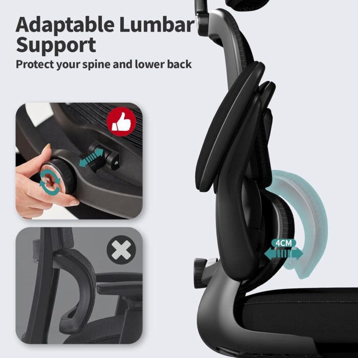 Ergonomic Office Chair with Lumbar Support - Adjustable Computer Desk Chairs for Home Office, Gaming, and Work - Comfortable and Supportive Desk Chairs for Adults (Black) (Light Black) - Image 4