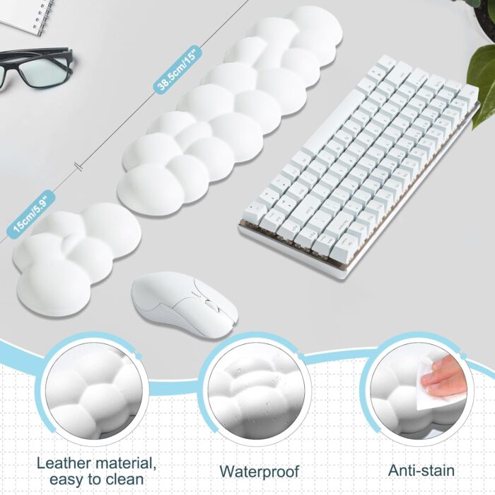 Leolee Keyboard Cloud Wrist Rest & Mouse Wrist Rest Set, White Cloud Wrist Rest w/ Leather Surface Non-Slip Base Cloud Palm Rest Relieve Wrist & Arm Pain PC Gaming/Office/Computer/Laptop(CD001) - Image 3