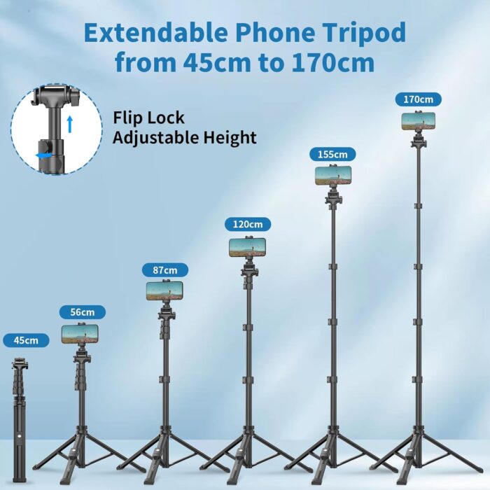 TONEOF 170cm Phone Camera Tripod Stand with Remote & Phone Holder, Tripod for Travel/Video Recording,Tall Smartphone Tripod Compatible with iPhone/Android//Webcamera - Image 4
