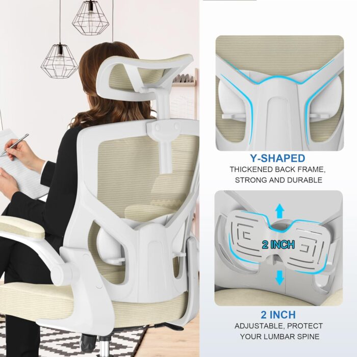 CYKOV 𝑯𝑶𝑴𝑬 𝑶𝑭𝑭𝑰𝑪𝑬 𝑪𝑯𝑨𝑰𝑹, Ergonomic Mesh Desk Chair, High Back Computer Chair- Adjustable Headrest with Flip-Up Arms, Lumbar Support, Swivel Executive Task Chair (Modern, Beige) - Image 2