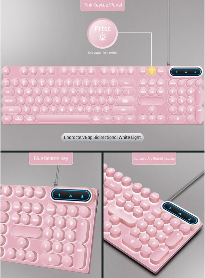 Zudoo Retro Wired Gaming Keyboard, Led Backlit Typewriter Style Mechanical Gaming Keyboard with 104 Round Keys, Multimedia Keys, Ergonomic USB Keyboard for Office Desktop Laptop (Pink) - Image 2