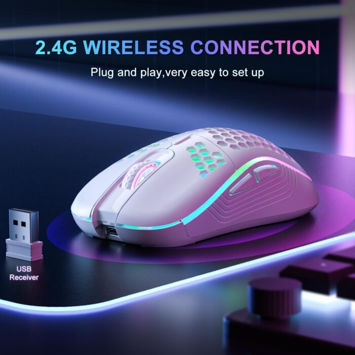 Azonee Wireless Mouse Wireless Gaming Mouse, Rechargeable Pc Mouse with RGB Backlight 6 Buttons Adjustable Lightweight Honeycomb Shell for Laptops, PC, Computers, Etc. (Wireless White) - Image 3
