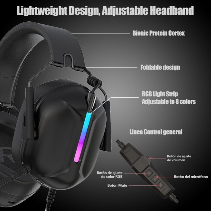 OMIRE RB-C7 Gaming Headset for PS5, PS4, PC, Mac, Switch, Xbox Series, 7.1 Surround Sound RGB Gaming Headphones with Noise Canceling Microphone, 50MM Dynamic Drivers, USB Audio Jack, BLACK - Image 3