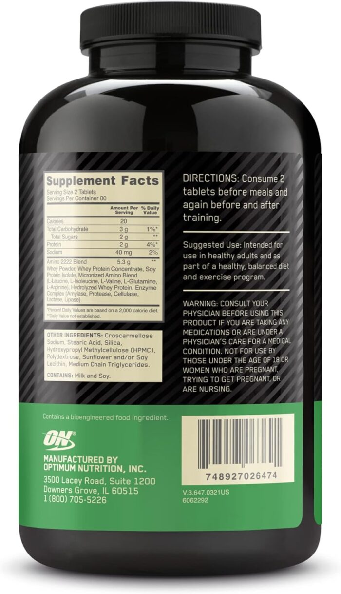 Optimum Nutrition (ON) Superior Amino 2222 Tablets, Complete Essential Amino Acids, EAAs to Maintain Muscle Tissue - 160 Tablets - Image 10