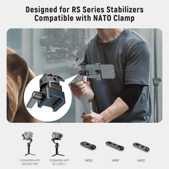 NEEWER Metal Phone Tripod Mount with Cold Shoe Mount and NATO Clamp for dji RS4 RS3 Pro RS2 RSC2 Gimbal Stabilizer, Phone Clamp Clip Holder - Image 2