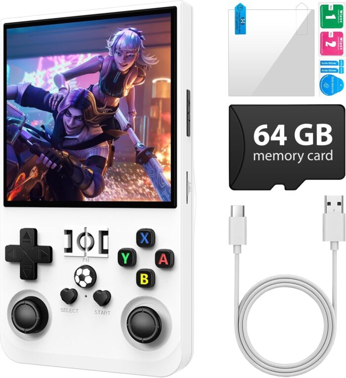 HYRAINBOW R36Max Handheld Game Console, Portable Mini Retro Handheld Game Console, 4.0 Inch IPS Video Gaming Console with 64GB TF Card Over 18000+ Pre-Installed Retro Games, 4000mAh Battery, White