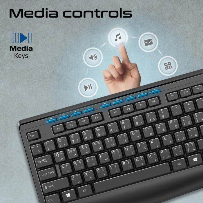 Promate Wired Keyboard and Mouse Combo, Ergonomic Slim Full-Size Quiet Keyboard, 2400 DPI Ambidextrous Mouse, Spill-Resistance, Media Keys, Plug and Play for iMac, MacBook Pro, Dell, Combo-CM4 - EN/AR - Image 5