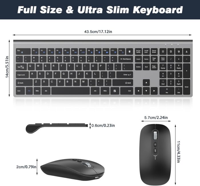 cimetech Rechargeable Wireless Keyboard and Mouse, 2.4G USB Full Size Keyboard Mouse Combo for Mac, Windows, Laptop, Computer - Grey - Image 7