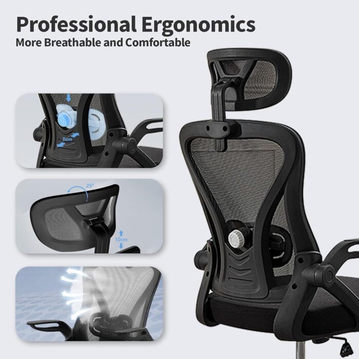 Ergonomic Office Chair, Computer Desk Chair, Mesh Rolling Work Chairs with Wheels and Adjustable Headrests, Comfortable Lumbar Support Gaming Chair, Comfy Flip-up Arms for Home,Bedroom,Study, Black - Image 3