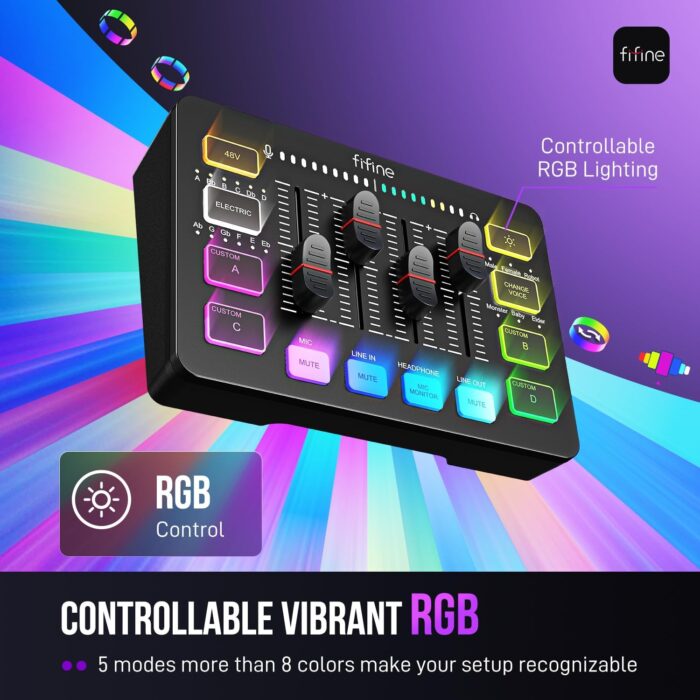 FIFINE Gaming Audio Mixer, Streaming RGB PC Mixer with XLR Microphone Interface, Individual Control, Volume Fader, Mute Button, 48V Phantom Power, for Podcast/Recording/Vocal/Game Voice-AmpliGame SC3 - Image 6