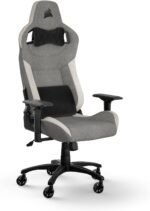 Corsair T3 RUSH Fabric gaming chair, racing style, soft fabric upholstery, padded neck pillow and lumbar support, seat height adjustable, grey and white