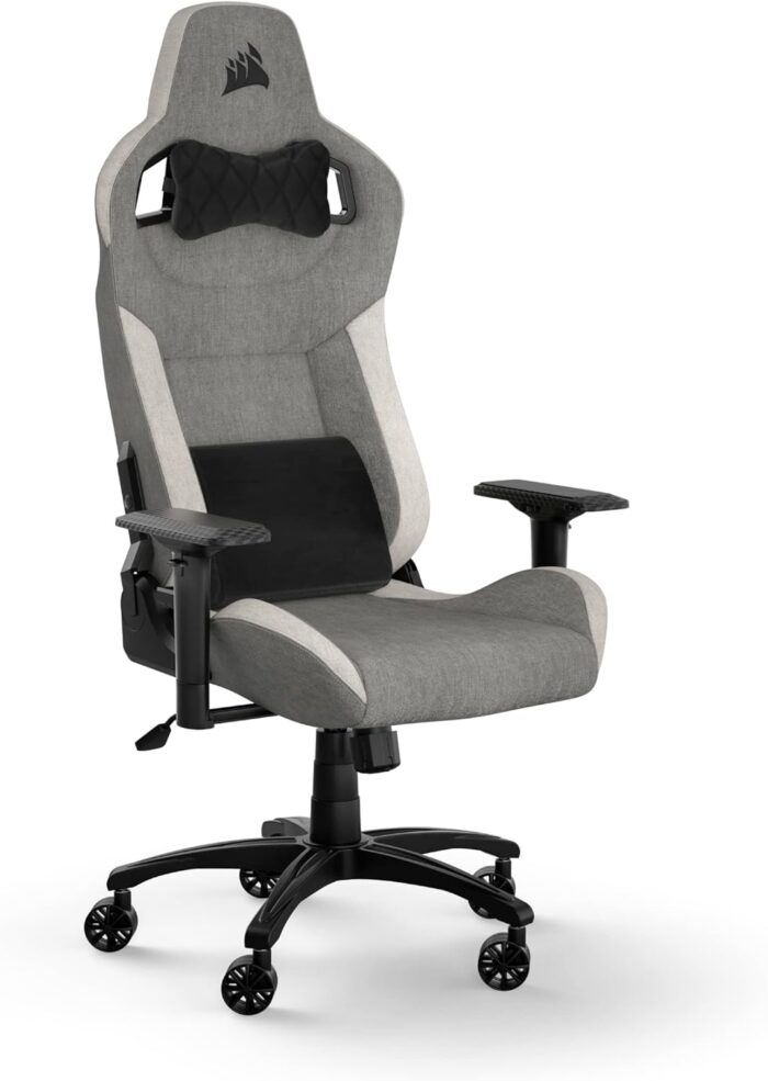 Corsair T3 RUSH Fabric gaming chair, racing style, soft fabric upholstery, padded neck pillow and lumbar support, seat height adjustable, grey and white