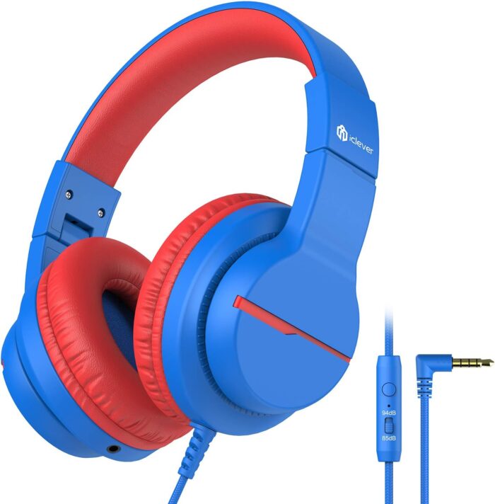 iClever Kids Headphones with Microphone for School, Volume Limiter 74/85dBA, Over-Ear Boys Headphones for Kids with Shareport, Wired Headphones for iPad/Fire Tablet, Blue