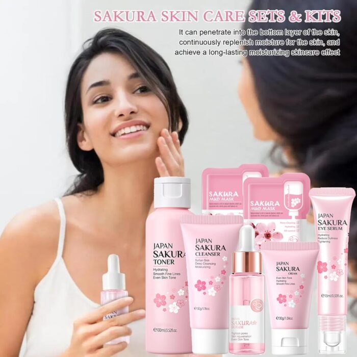 Skin Care Set Sakura Women Beauty Gift Sets Korean Skin Care Kit- Cleanser,Serum,Face Cream,Toner,Eye Cream,Mud Mask-Skin Care Routine Kit (One Size, Cherry Blossom-StyleA-Bae Moisturizing) - Image 5